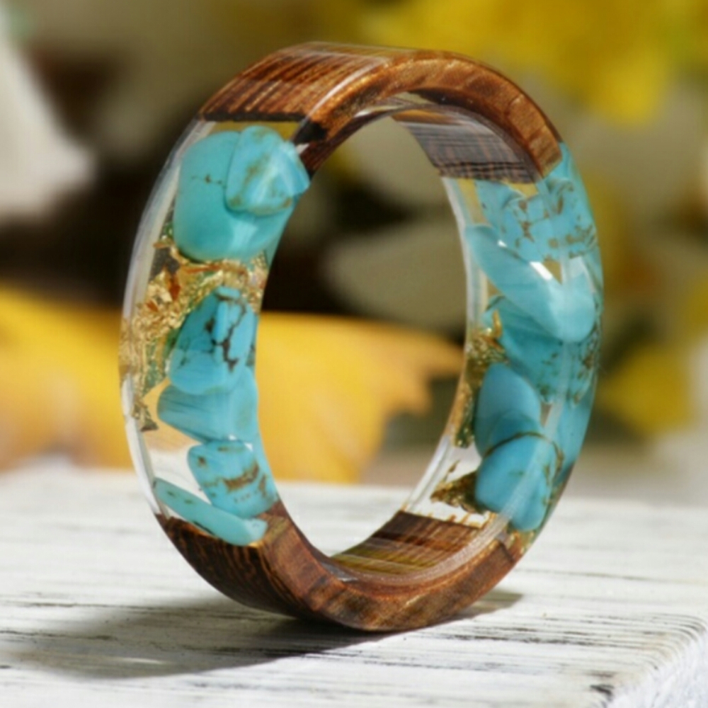 Sz 11 Wood Resin, turquoise and gold leaf band
